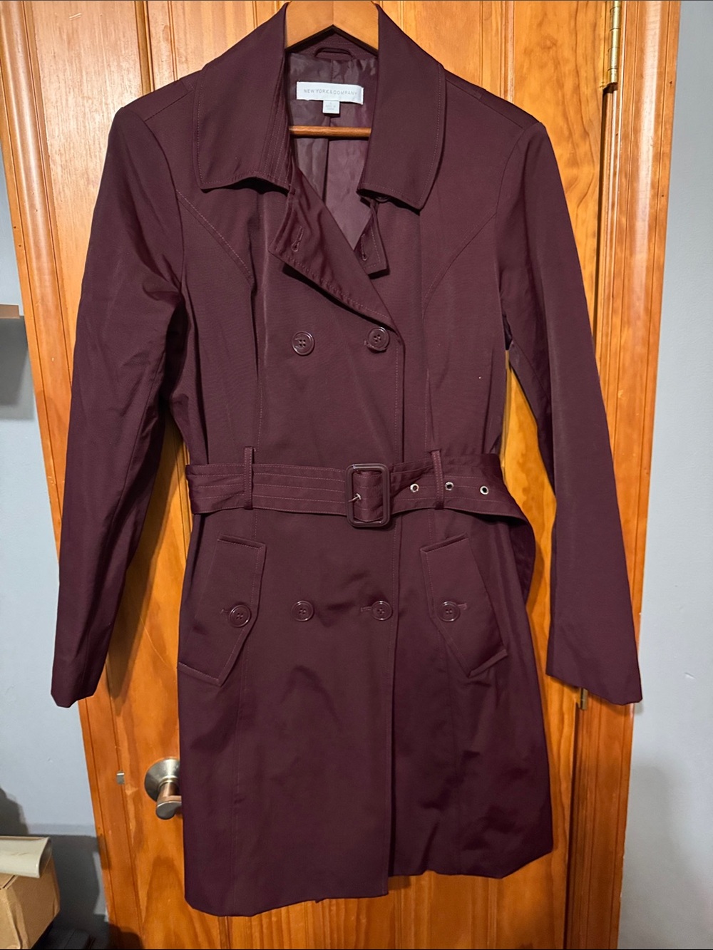 New York & Company Deep Plum Double-Breasted Belted Trench Coat